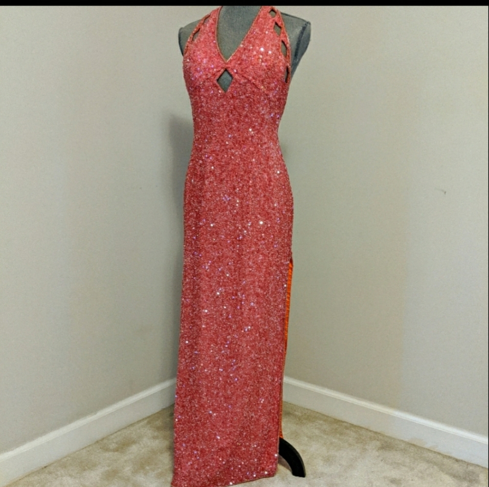 Scala Silk Sequin & Beaded Halter Peekaboo Dress